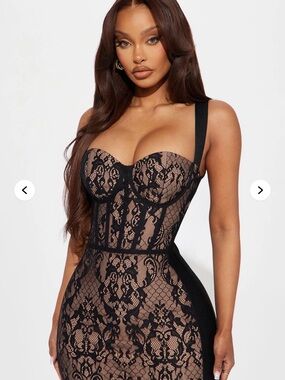 Fashion Nova Black Lace Over Nude Bodice Dress
